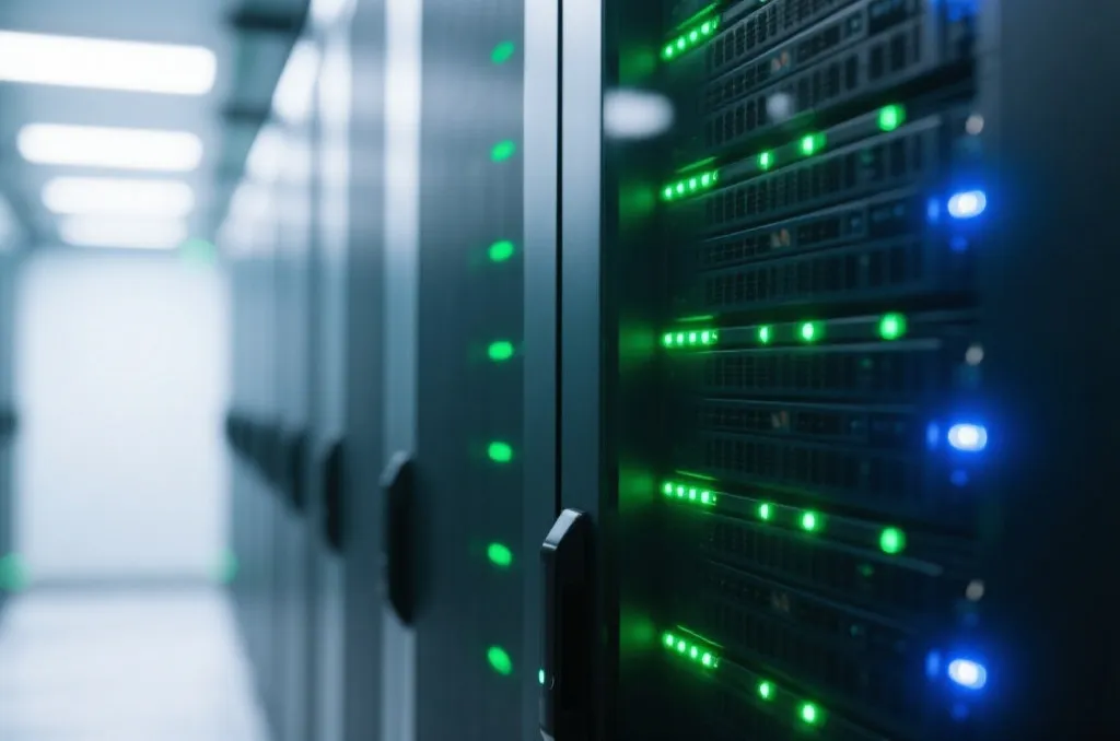 Close-up of a secure high tech server cabinet with blinking green and blue LED lights, clean cybersecurity environment